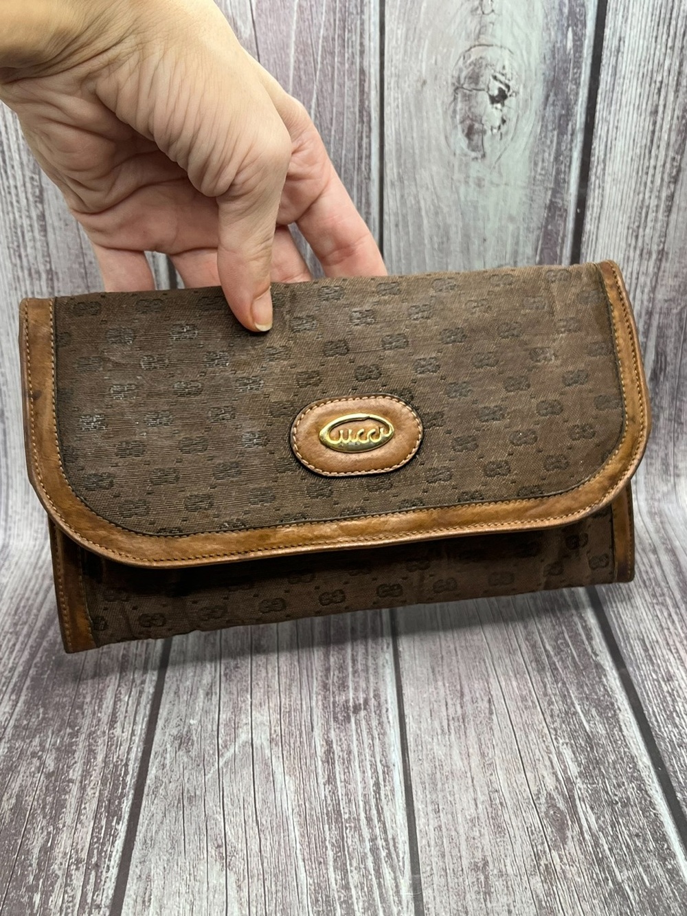 GUCCI VTG 80s Micro GG Supreme Clutch Bag Kiss Lock Leather & Canvas Tan Beige - Picture 15 of 16